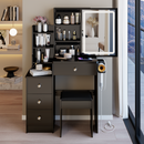 29.2' Small Size Left Bedside Cabinet Vanity Table + Cushioned Stool, 2 AC+2 USB Power Station, Hair dryer bracket, Extra Large Touch Control Sliding LED Mirror, Tri-color Switching, Brightness Adjust