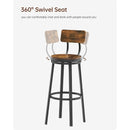 Swivel bar stool set of 2 with backrest, industrial style, metal frame, 29.5" high for dining room. Rustic Brown, 13.4"w x 40.5"h.