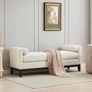 Elegant Upholstered Bench, Daybed, Ottoman with Wood Legs & Bolster Pillows in Ivory Boucle, 66.34'W