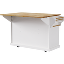 K&K 54inch Large Kitchen Island with Rubber Wood Drop Leaf, Embossed Texture Rolling Kitchen Cart on 4 Wheels with 4 Doors and 3 Drawers, Kitchen Island with Storage for Kitchen, Dining Room,White