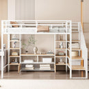 Full Size Metal Loft Bed with Staircase,Low Storage Table and Storage Shelves,White