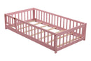 Twin size Floor Platform Bed with Fence and Door ,Pink