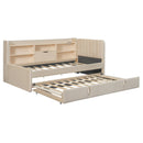Twin Size Upholstered Daybed with Trundle, Storage Shelves, USB & Outlet (Beige)