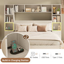 Queen Size Pine Wood Platform Bed with All-In-One 2 Nightstand, Storage Shelf and Cabinet Bookcase with 2 Charging Stations, Multi-Functional Captain Bed Frame with 3 Drawers, No Box Spring Needed