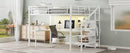 Queen Size Loft Bed with L-shaped Desk and USB, Metal Loft Bed with Wardrobe and Adjustable Shelf, High Loft Bed with LED for Kids Teens Adults, White