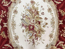 Large Aubusson Rug 10x14, Wool Handmade Vintage Carpet, Dark Red Ivory Tan, French European Elegant Aubusson Weave Rug