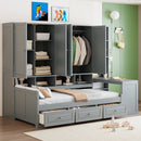 Twin Size Wooden Daybed With Three Drawers, and All-in-One Cabinet, Desk and Shelves, Gray
