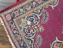 Small Persian Kashan Rug 2x3, Red and Navy Blue, Handmade Vintage Wool Semi Antique Persian Carpet, Semi Open Field, Pair B