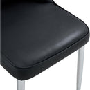 6 modern dining chairs, sleek PU backrest, and silver metal legs bring a comfortable home experience to the kitchen, bedroom, and office.Black PU Chairs with Simple Line Designs On The Backrest.