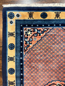 Chinese Peking Rug 5x8, Vintage Semi Antique Chinese Art Deco Carpet, Wool Pile Light Red/Salmon Gold Navy Blue, Handmade Asian Oriental Rug