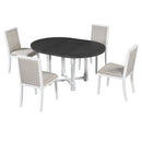TREXM 5-Piece Extendable Dining Table Set for 4, Round Dining Table for 4 with Upholstered Chairs, Farmhouse Kitchen Table Set with Removable Leaf for Dining Room and Kitchen (Grey+White)