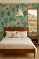 Palm Oasis Wallpaper, teal and peach