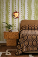 Daisy Chain Stripe Wallpaper, beige and chartreuse green