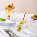 Bee glass spoon milk cup with bamboo lid kitchen coffee mug