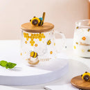 Bee glass spoon milk cup with bamboo lid kitchen coffee mug