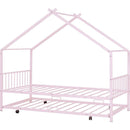 Twin Size Metal House Bed with Twin Size Trundle, Pink