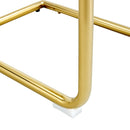 Table and chair set.71 * 35.4 inch rectangular dining table.Tempered Glass Tabletop,Golden 7-shaped Metal Table Legs.Paried With 8 Black High-quality PU Chairs With Arched Metal Legs.W1151S03301