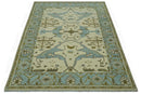 Beige and Aqua Hand Knotted 6x9 Traditional Oriental Oushak wool area rug