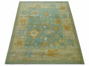Beige And Blue Traditional 8x10 Hand Knotted Wool Area Rug