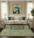 Beige And Blue Traditional 8x10 Hand Knotted Wool Area Rug