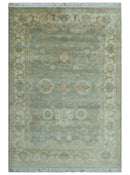 Beige And Blue Traditional Oushak Design  6x9 Hand Knotted Wool Area Rug