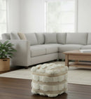 Beige and Ivory Geometrical Stripes Design Fringed wool and jute Pouf