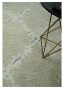 Beige and Ivory Traditional Hand Knotted 8x10 Geometrical Pattern Wool Area Rug