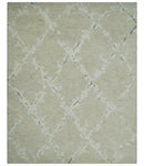 Beige and Ivory Traditional Hand Knotted 8x10 Geometrical Pattern Wool Area Rug