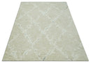 Beige and Ivory Traditional Hand Knotted 8x10 Geometrical Pattern Wool Area Rug