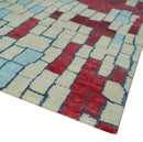 Beige, Blue and Maroon 5x7.6 Modern tiles Pattern Handloom Wool and Art Silk Area Rug