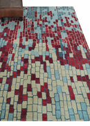 Beige, Blue and Maroon 5x7.6 Modern tiles Pattern Handloom Wool and Art Silk Area Rug