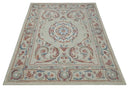 Beige, Brown and Blue Hand Tufted floral Aubusson design 8x10 wool Area Rug