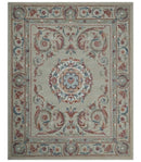 Beige, Brown and Blue Hand Tufted floral Aubusson design 8x10 wool Area Rug