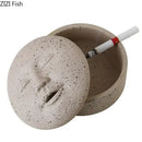 Beige ceramic human face character ashtray with lid office decor