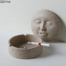 Beige ceramic human face character ashtray with lid office decor
