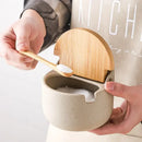Beige ceramic seasoning jar set with bamboo lid kitchen shaker