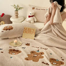 Beige embroidered teddy fleece blanket bedroom cozy teddy fleece