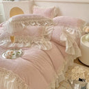 Beige french lace ruffles velvet bedding set bedroom decor