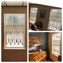 Beige handwoven macrame window curtain with tassels – living room
