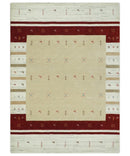 Tribal 5x8 Beige, Ivory and Maroon Stripes Wool Hand Woven Southwestern Gabbeh Rug | KNT30