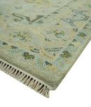 Beige, Mustard and Teal 6x9 Hand Knotted Traditional Oriental Oushak wool area rug