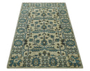 Beige, Teal and Charcoal Traditional Large Design Hand Knotted 5x8 wool Rug
