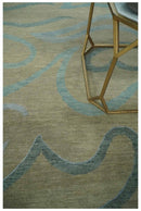 Beige, Teal and Silver Modern design Hand knotted 6x9 wool and Art Silk Area Rug