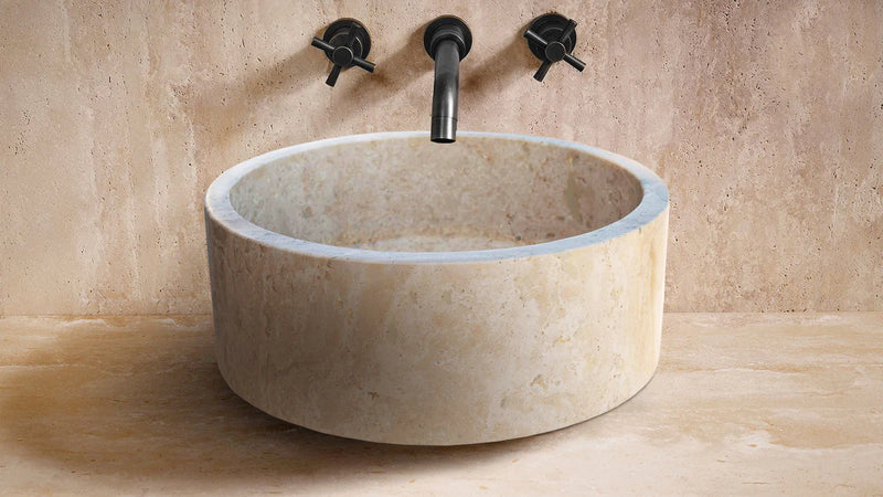 Natural Stone Beige Travertine Above Vanity Bathroom Sink Honed (D)16" (H)6" bathroom view black faucet