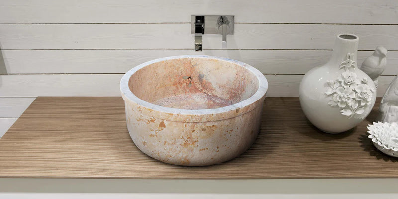 Natural Stone Beige Travertine Self-Rimming Above vanity or Drop-in Bathroom Sink (D)16" (H) 6.5" bathroom view next to hand-made ceramic vase