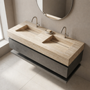 Beige Vein-Cut Travertine Double Rectangular Wall Mount Vanity Top Sink - 23"x60"x5.5" - Honed