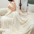 Beige & white ribbed coral fleece jacquard blanket bedroom throw