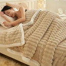 Beige & white striped rabbit plush blanket bedroom quilted throw