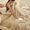 Beige & white striped rabbit plush blanket bedroom quilted throw