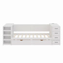 White Wooden Twin Size Daybed with Side Shelves & Drawers, Multi-Functional Desk & Charging Station